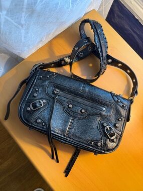 Black Cracked Leather Crossbody Bag With Stud hardware